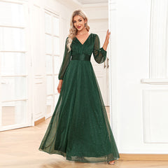 Elegant V Neck Shiny Chiffon Evening Dress A line Sheer Long Sleeve Wedding Party Dress Bridesmaid