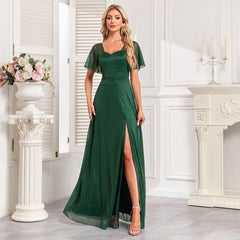 Quality Elegant Short Sleeve Square Collar Shiny Bright Tulle Evening Dress A Line Side Slit Prom Maxi Dress