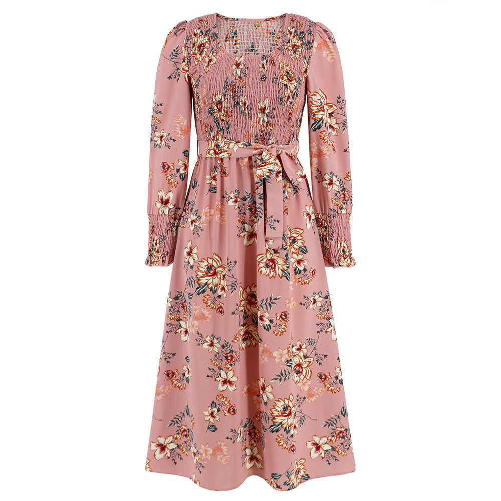 Fall Retro Long Sleeve Smocking Floral Mid Length round Neck Dress Popular