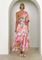 Vestido largo estampado elegante para vacaciones, vestido largo con dobladillo grande para