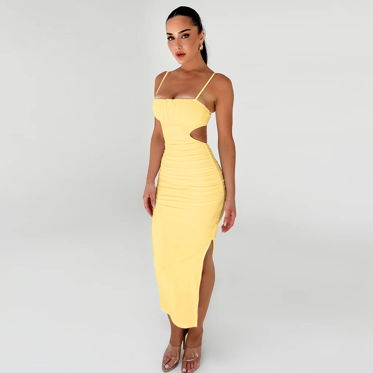 Cami Dress Backless Ruffle Hip Side Slit Maxi Dress