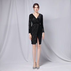Vestido de noche coreano de terciopelo y poliéster con lentejuelas, vestido de cola de pez adelgazante de terciopelo negro, vestido de cóctel de longitud corta