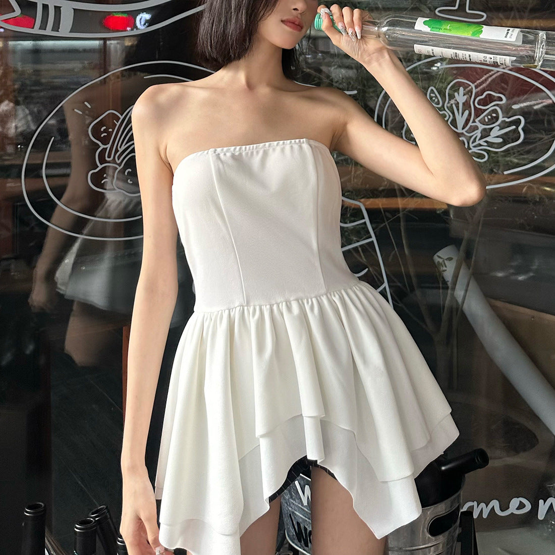 Tube Top Irregular Ruffle Short Slim Fit Top