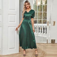 Casual High Waist Solid Color V neck Puff Sleeve Dress