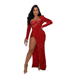 Wear Solid Color Sequ Slit Maxi Dress