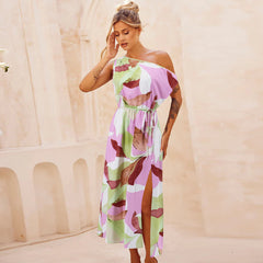 Elegant Slim Printed Dress Off Neck Slit Belt Dress