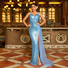 Sleeveless Elegant Suspenders Long Sequined off Neck Cocktail Evening Dress Bridesmaid Dress