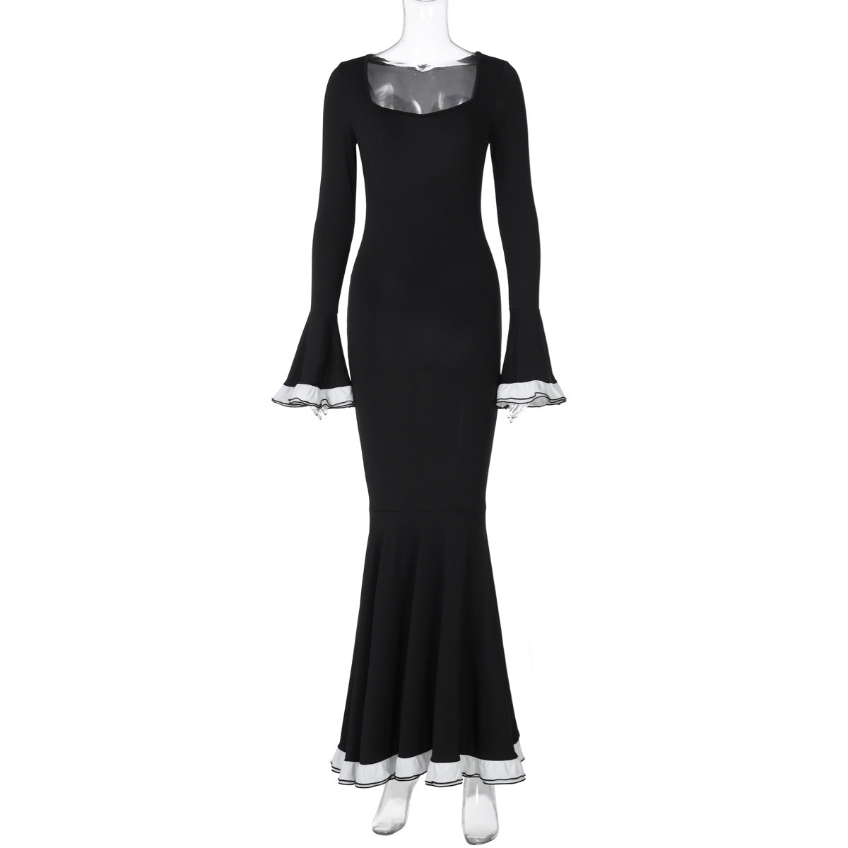 French  Slim Solid Color Slimming Bell Sleeve Dress