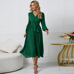 Long Sleeve Slim Fit Pleated Belt V neck Dress A line Dress