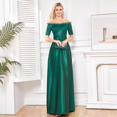 Vestido de cóctel de noche con cola de pez, hombros descubiertos, lentejuelas y manga corta, vestido de fiesta de satén