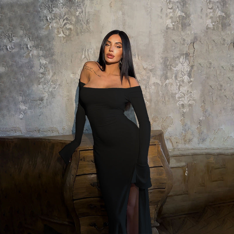 Fall Maxi Dress Socialite Elegant Slim off Shoulder Tied
