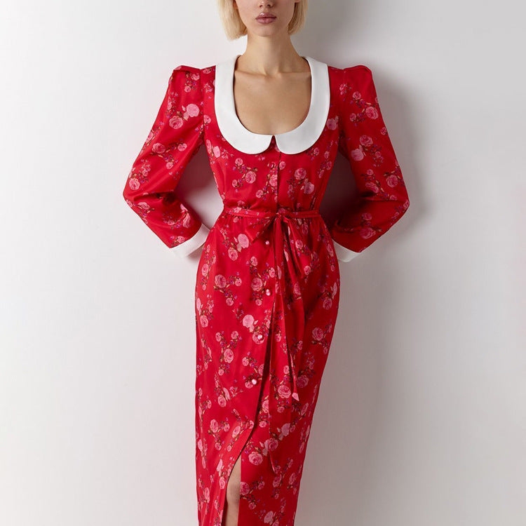 Elegant Printed Dress Three Quarter Sleeve Collared Split Waist Fitted Dress