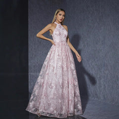 Vestido rosa con cuello halter para niña, ideal para fotos, fiestas de cumpleaños, cócteles y noches.