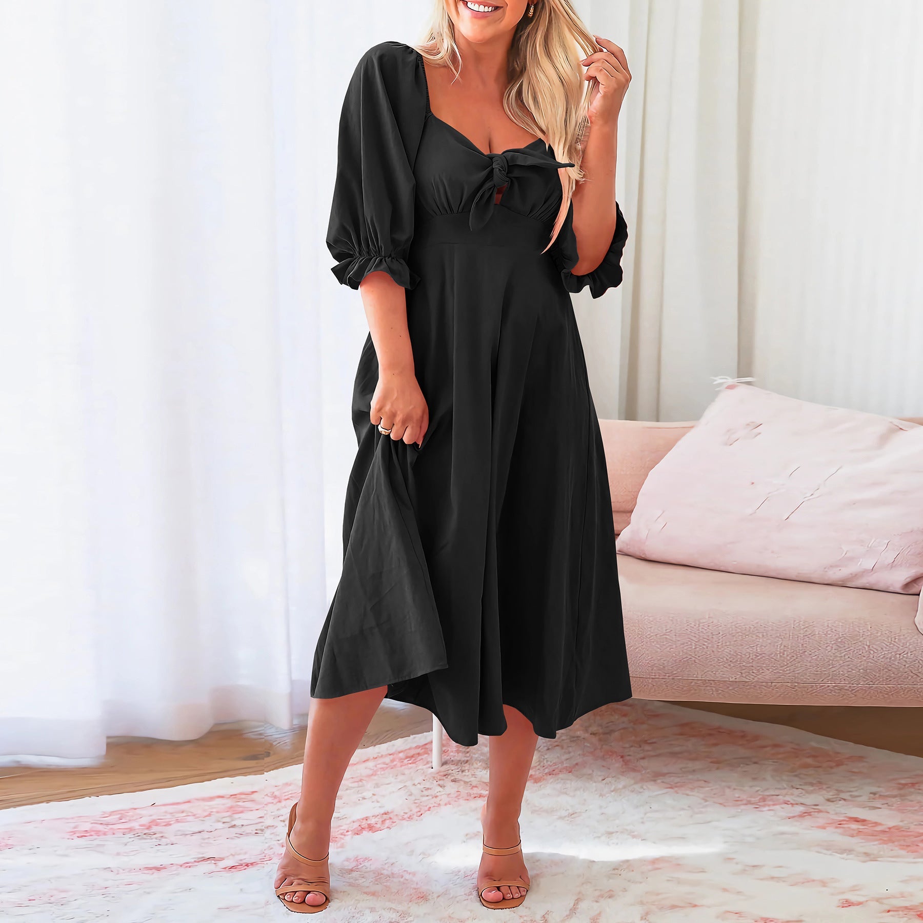 Elegant Slim Lantern Sleeve Dress Mid Length Dress
