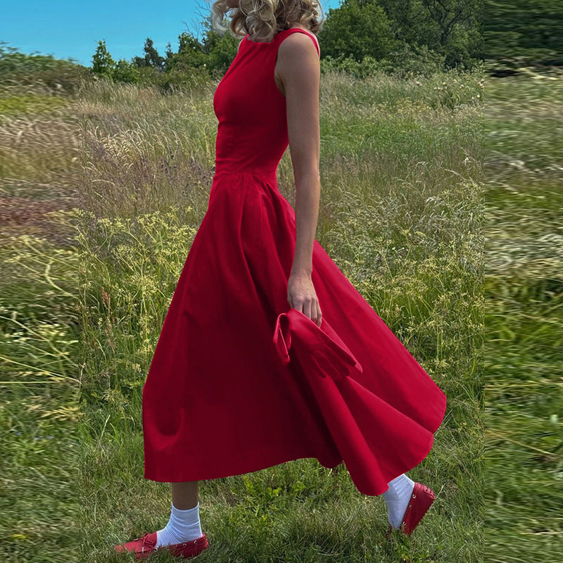 Vestido ajustado sin espalda y sin mangas de color sólido con cintura alta