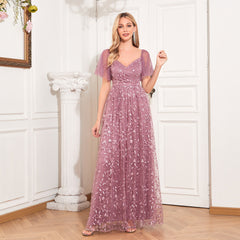 Elegant See through Short Sleeve V neck U Back Evening Dress A line Embroidery Mesh Full Lining Dress