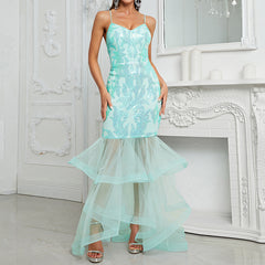 Sequin Sling Dress Vitality Party Dress Backless Fishtail Patchwork Maxi Organza