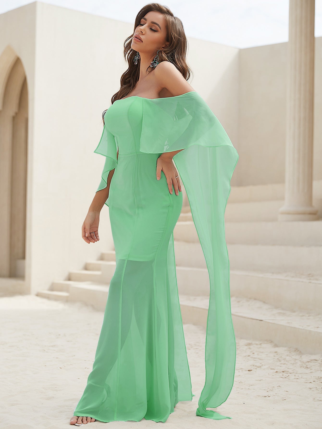 Strapless Short Sleeve Formal Elegant Lace Slim Bodycon Maxi Dress
