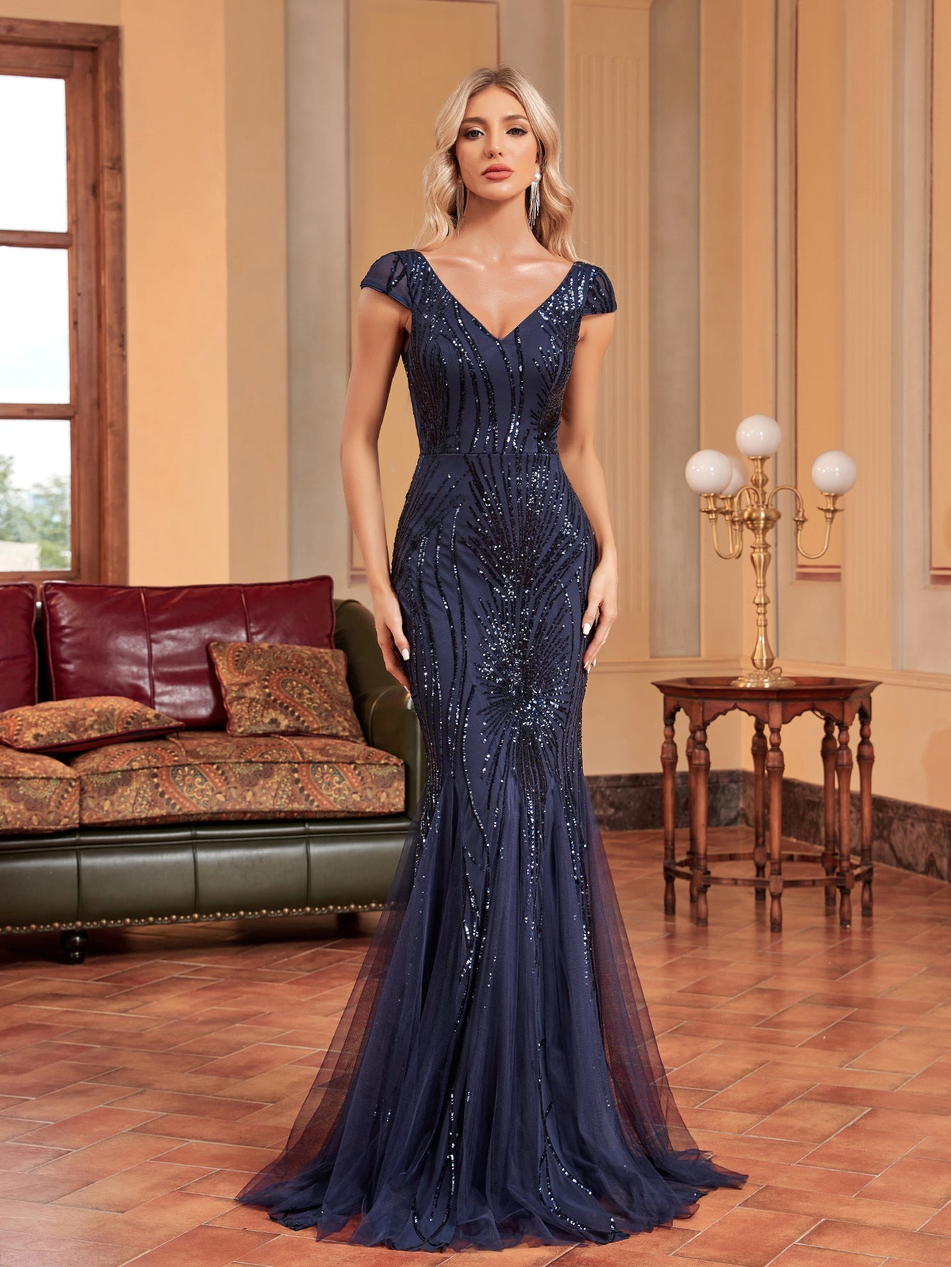 Green Beaded Dress Long Slim Fishtail Bridesmaid Cocktail Evening Dress for