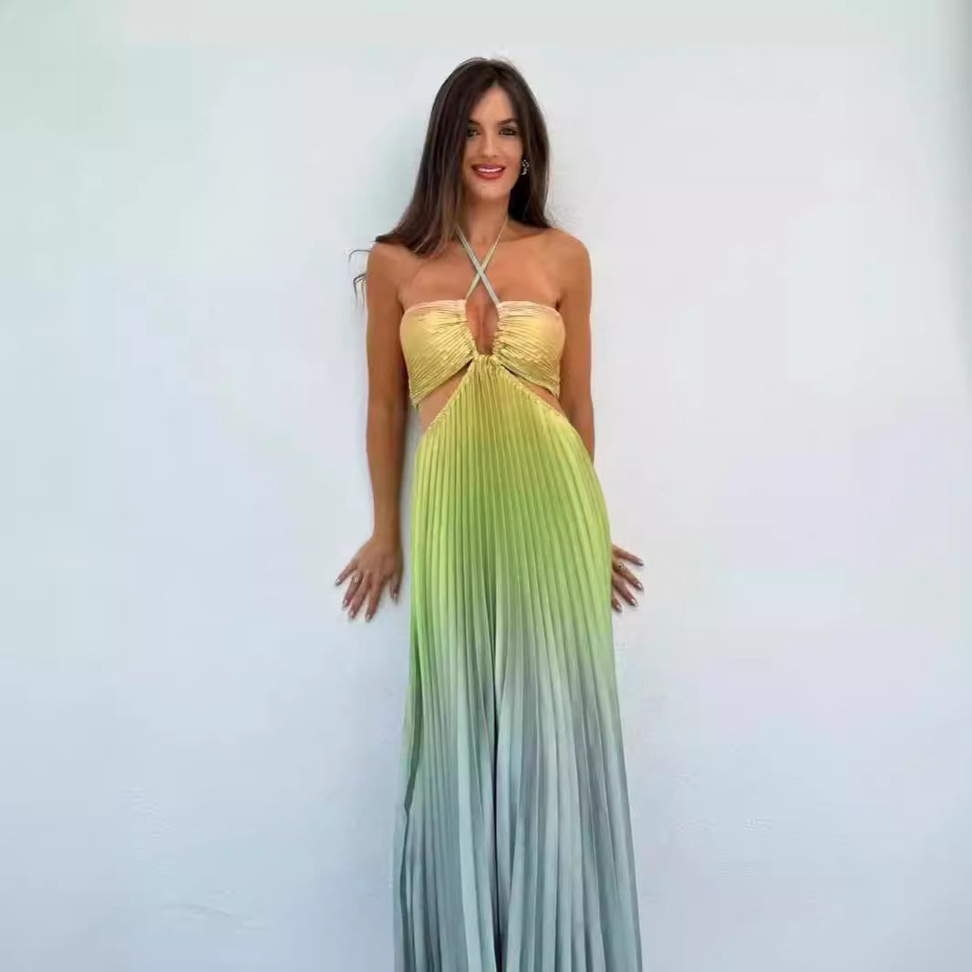 Personalized Gradient Color Halter Pleated Long Dress
