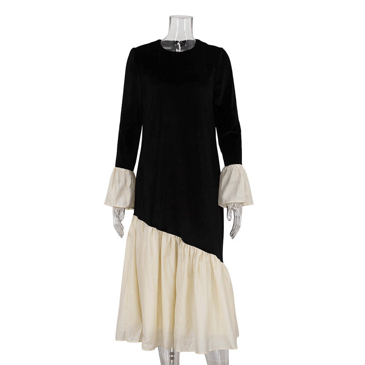 Korean Velvet French Stitching round Neck Flared Sleeves Dress Loose