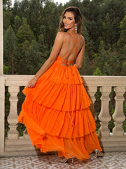 Long V neck Plush Collar Backless Hem Mesh Pleats Backless Cami Dress