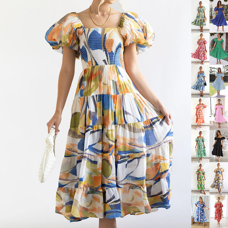 Vestido ajustado de fiesta con espalda descubierta y vuelo amplio, cuello descubierto, estampado de verano