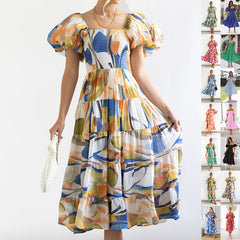 Vestido ajustado de fiesta con espalda descubierta y vuelo amplio, cuello descubierto, estampado de verano