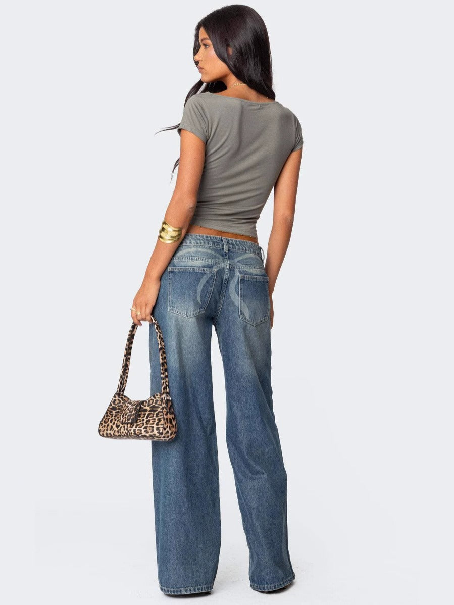 Loose Wide-Leg Printed Denim Trousers