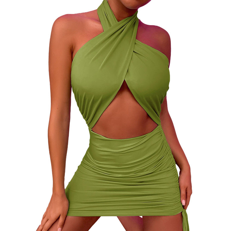 Dress Hollow Out Cutout Halter Drawstring Hip