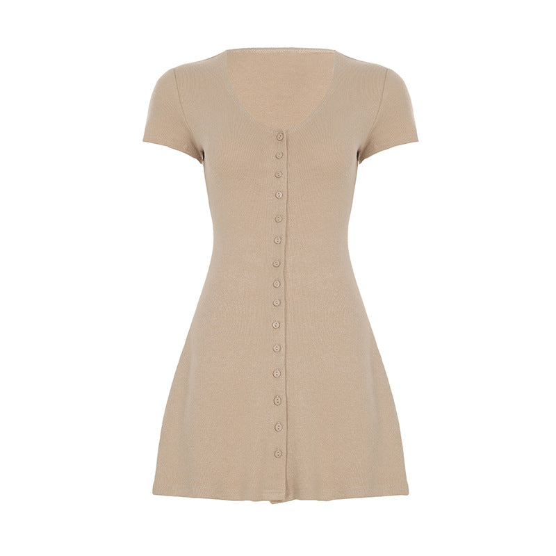 Solid Color Basic Street Breasted Cinched Short Dress A line Dress Casual Knitted Short Sleeve Dress