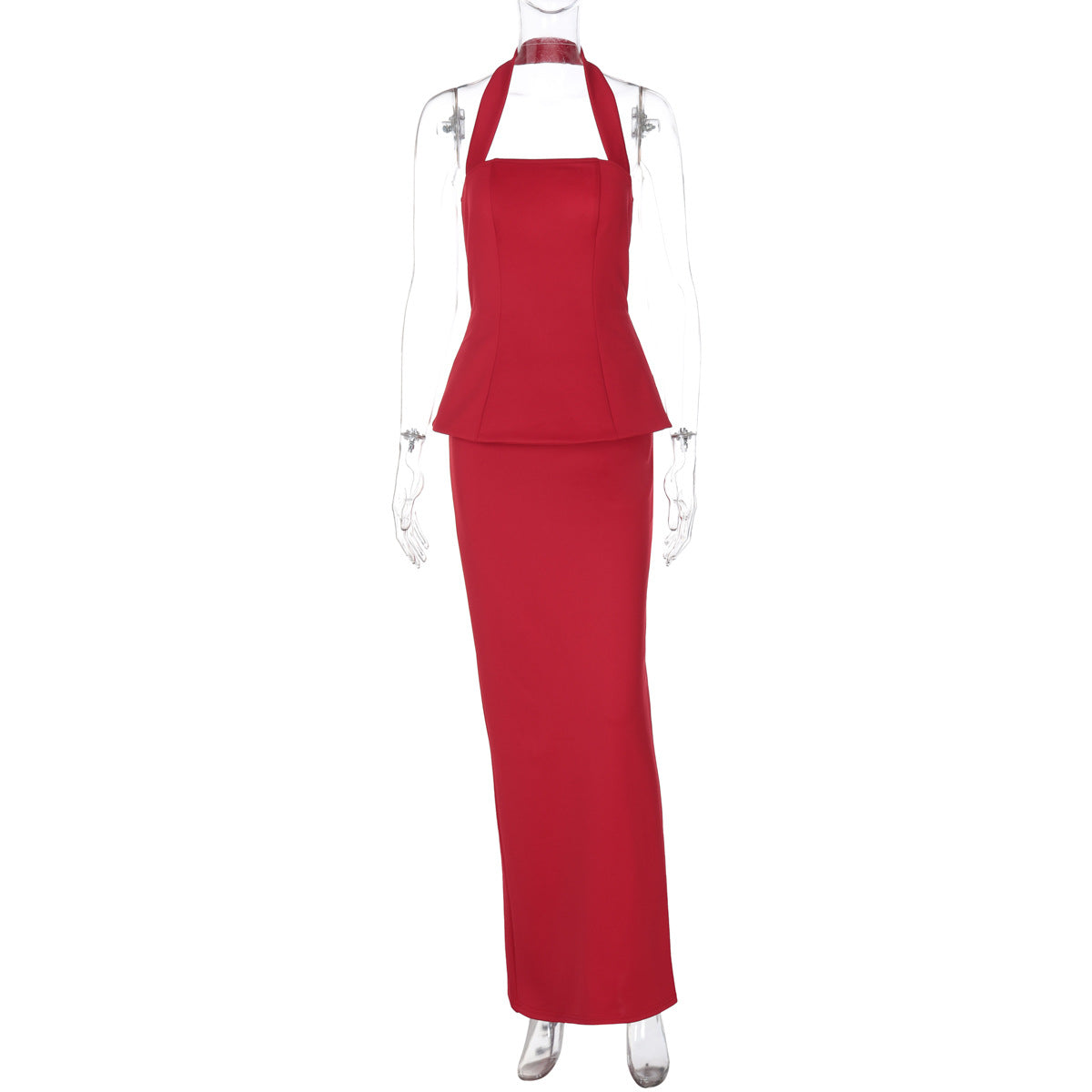 Conjunto de dos piezas de vestido largo ajustado con espalda descubierta y top halter de color liso