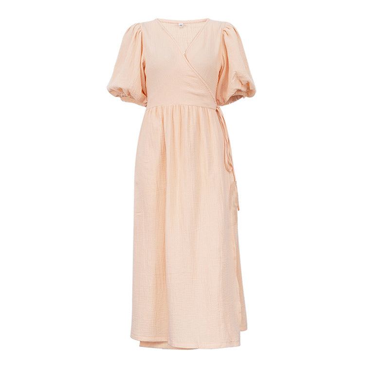 V neck Short Sleeve Lace up Dress French Office Solid Color Dress