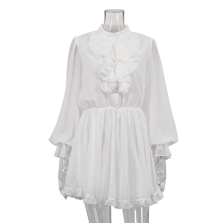 French Elegant Short Design Ruffled StCollar Long Sleeve Elastic Waist A line Dress