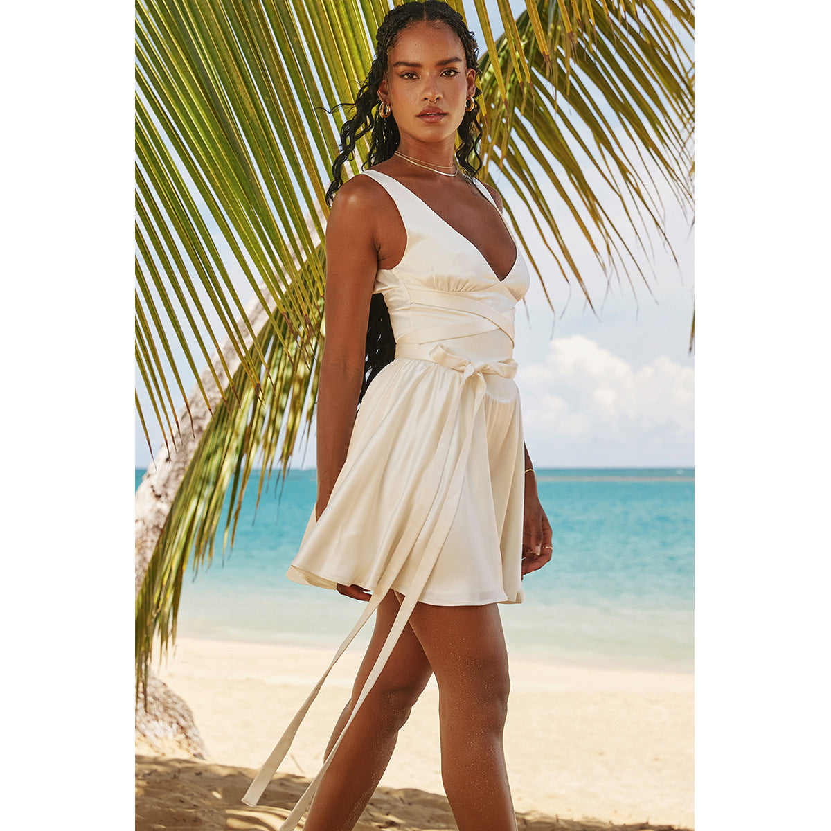 Dress Deep V Plunge Lace up Slim Fit Backless White Short Sleeveless