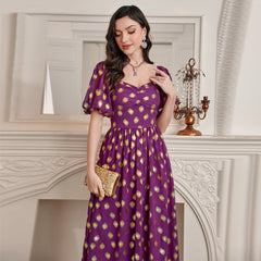Vestido elegante de moda con cintura alta y mangas abullonadas doradas