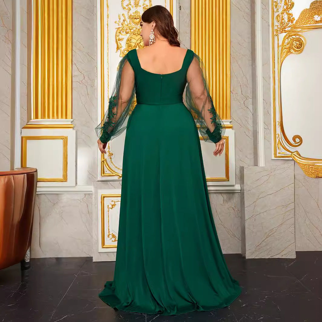 Plus Size Prom Evening Dress Diamond Collar Embroidered Mesh Long Sleeve Backless Fall Dress
