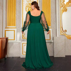 Plus Size Prom Evening Dress Diamond Collar Embroidered Mesh Long Sleeve Backless Fall Dress