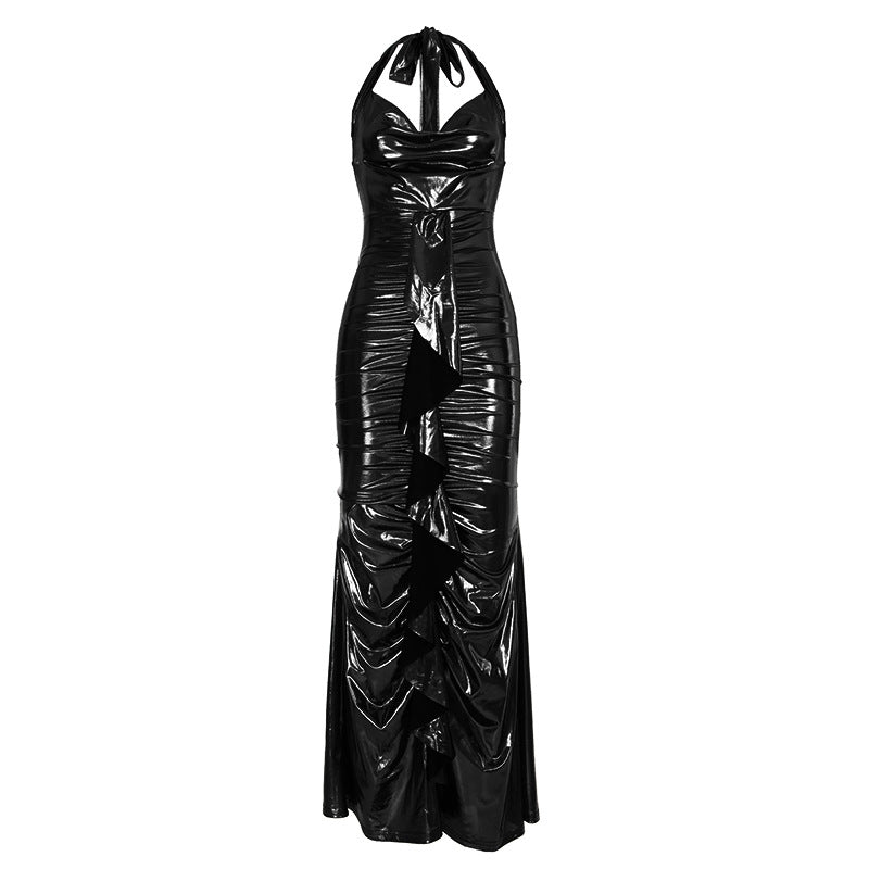 Elegant Glossy Backless Lace up Swing Collar Slim Fit Sheath Mop Dress