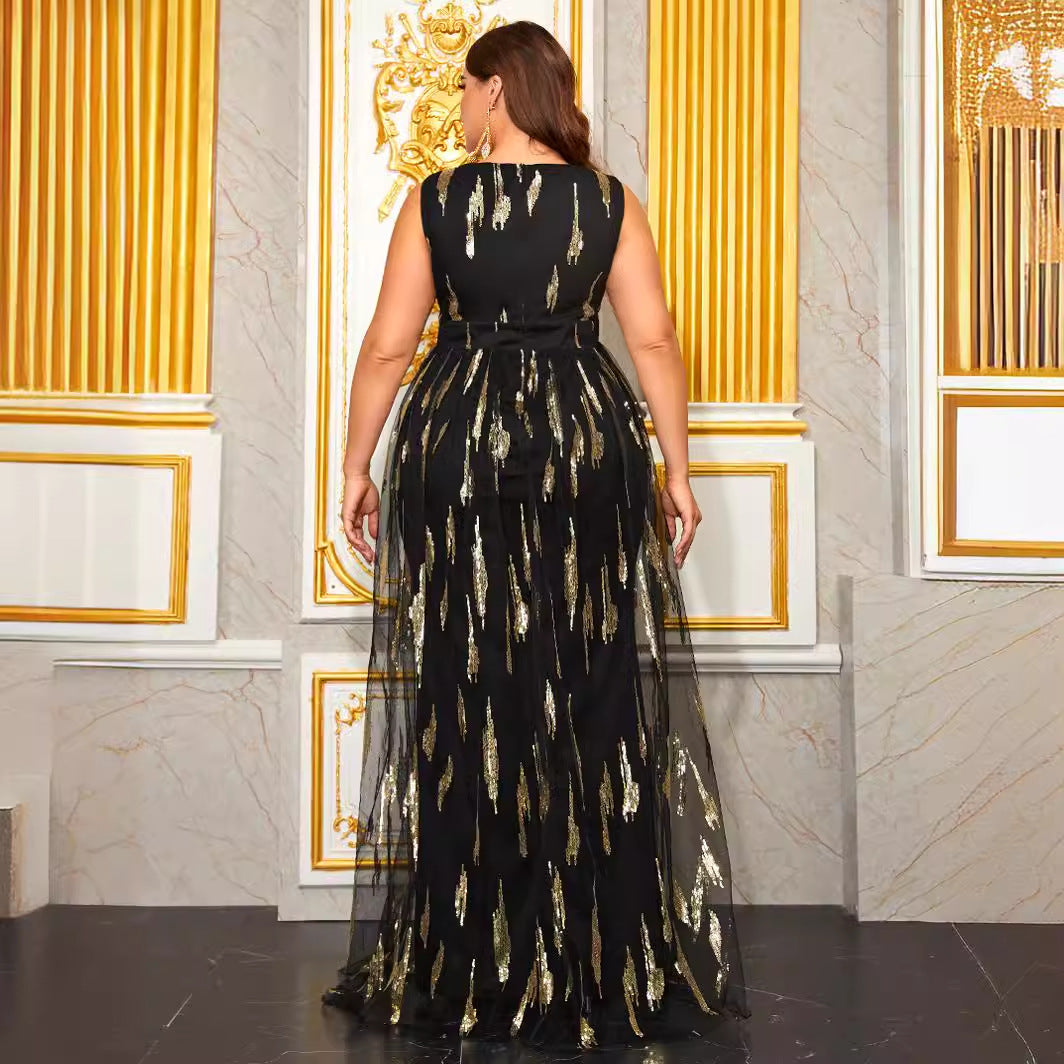 Plus Size Prom Evening Dress Sequined V neck Sleeveless Party Dress Light Luxury Dress