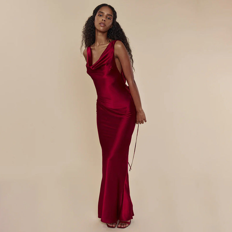 Cocktail Evening Dress Sling Swing Collar Dress Backless Lace Up Maxi Dress