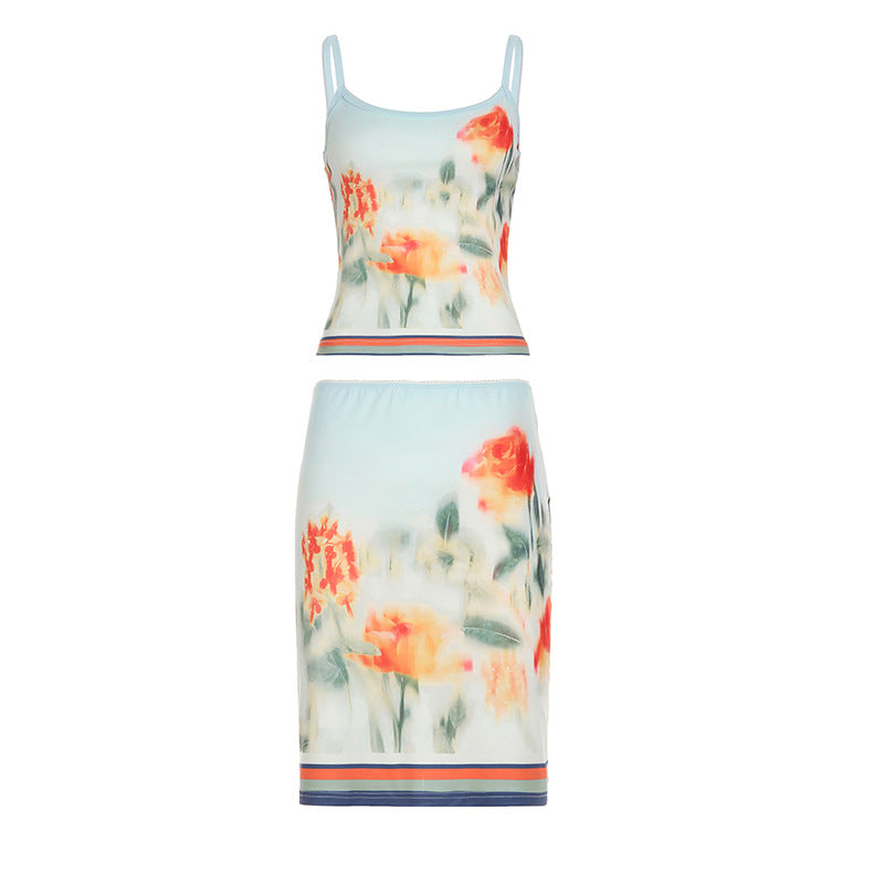 Conjunto de dos piezas de falda de vacaciones con estampado tie-dye retro de atardecer, vestido tubo con tirantes y falda de longitud media