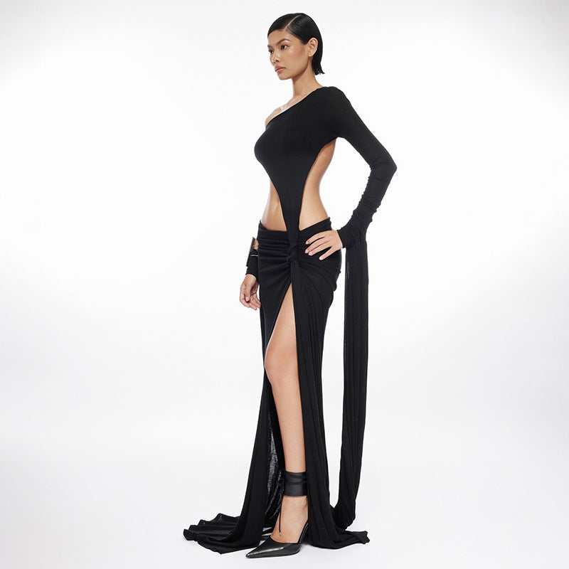 Vestido asimétrico de manga larga con aberturas grandes y moderno de un solo lado
