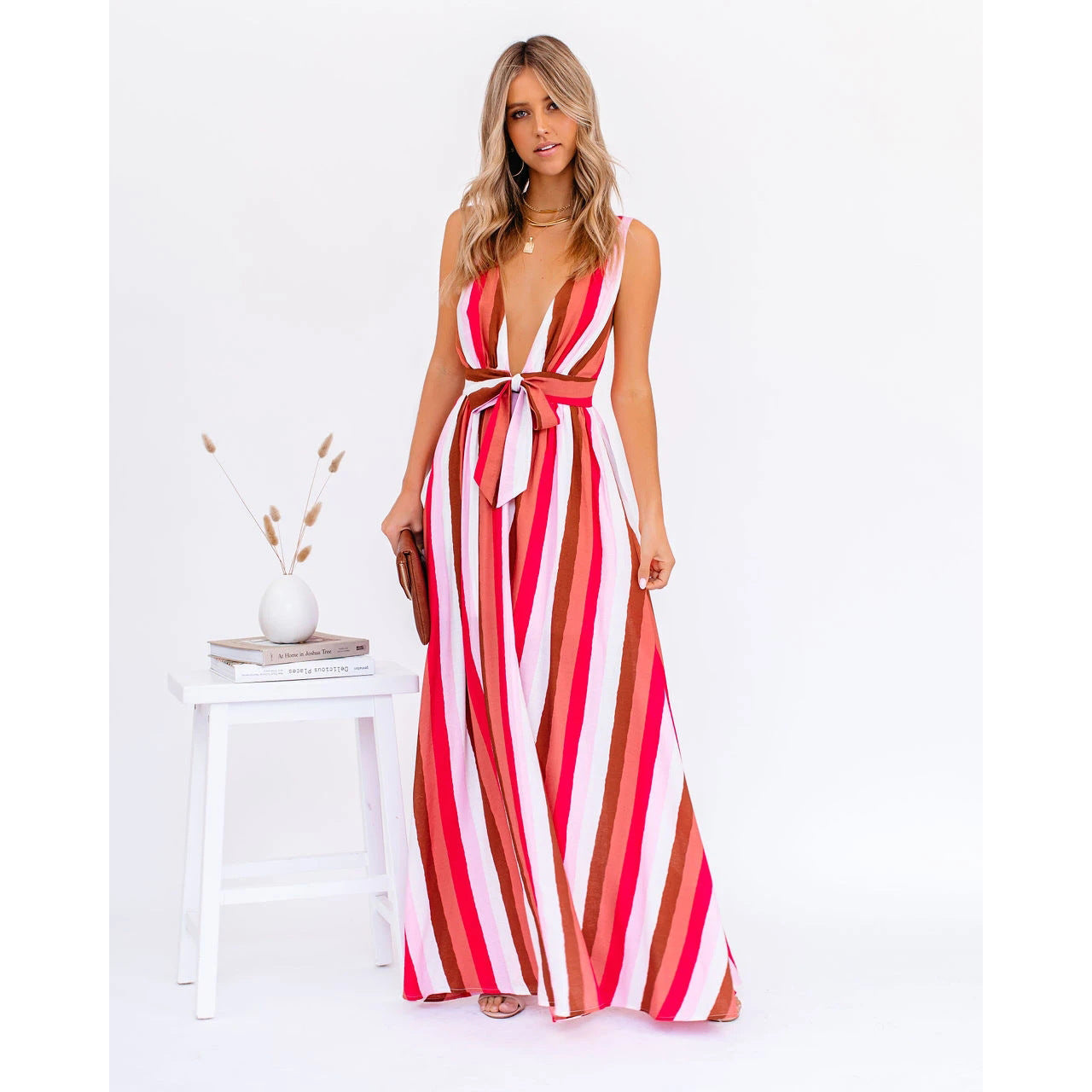 Vestido informal a rayas con escote en V profundo y tirantes, holgado, con cordones y vuelo grande