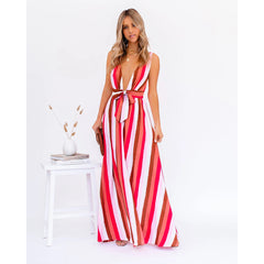 Vestido informal a rayas con escote en V profundo y tirantes, holgado, con cordones y vuelo grande
