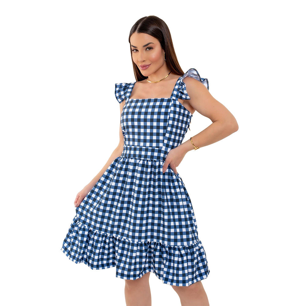 Fresh Sweet Plaid Sling Square Collar Dress