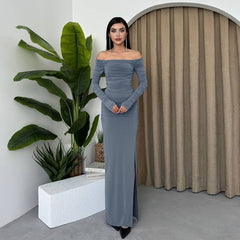 Off Shoulder Chest Slimming Pleated Split SocialiteElegant Dress