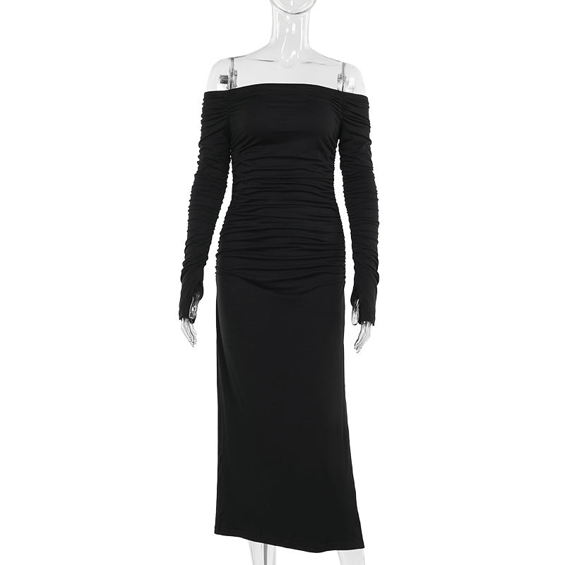 Off Shoulder Chest Slimming Pleated Split SocialiteElegant Dress