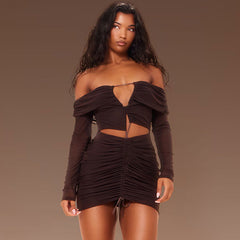 Off Shoulder Collar Cutout Pleated Lace Up Backless Dress