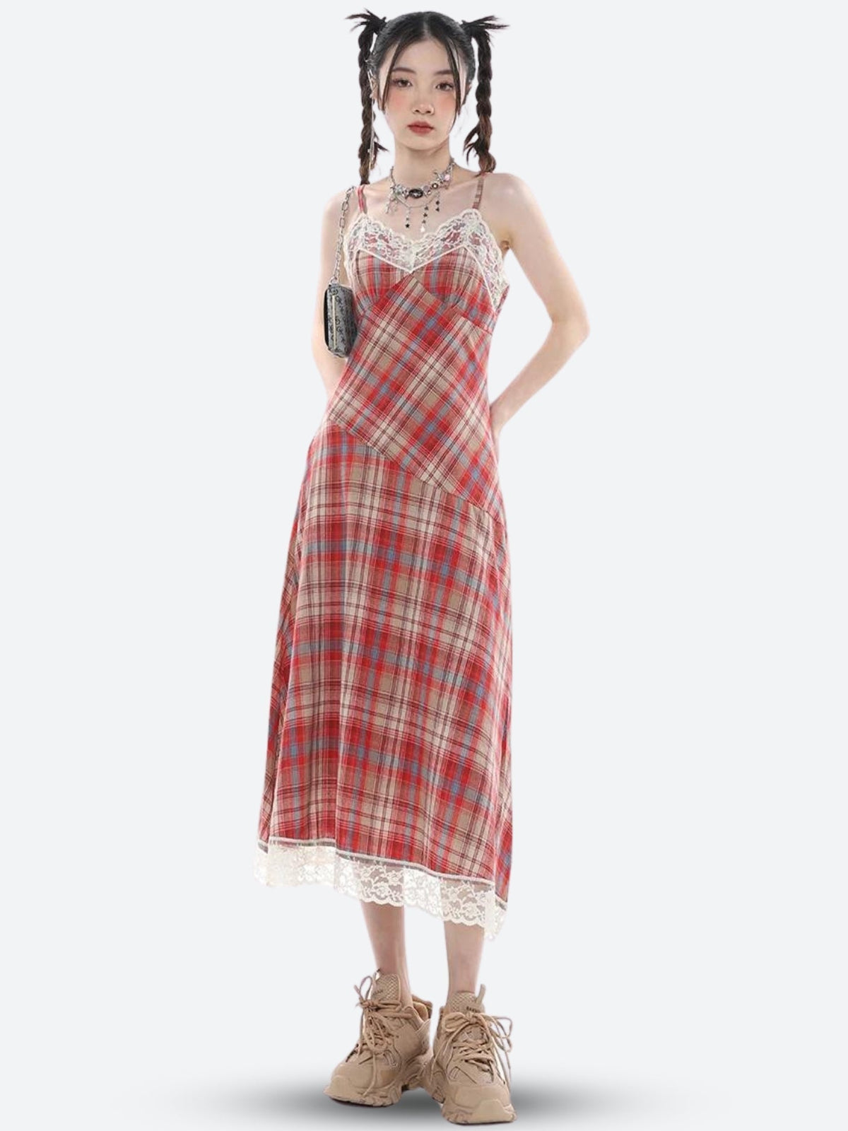 Kariertes Midikleid aus Spitze